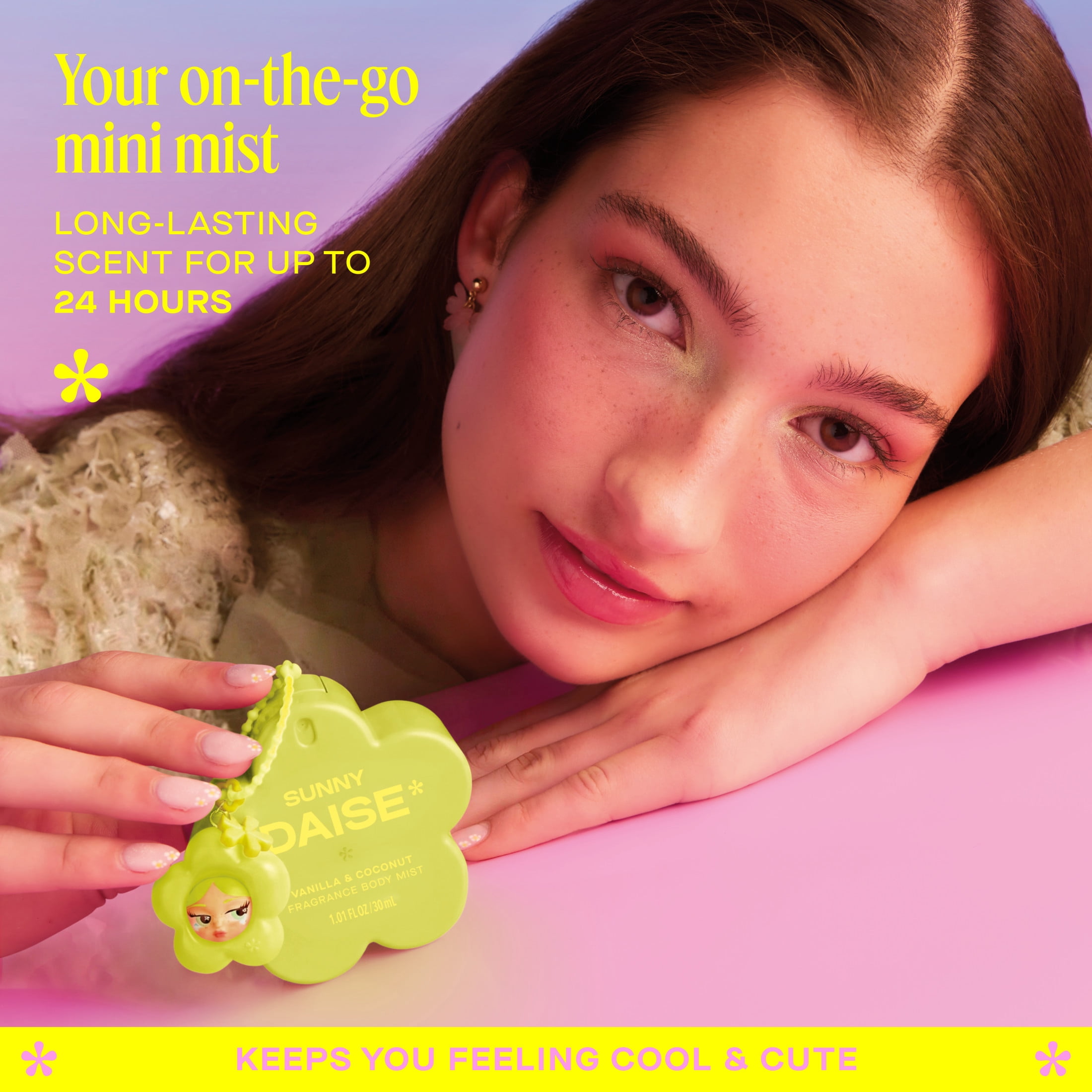 DAISE Brume Parfumée Pour Le Corps Avec Mini Breloque Dollface, Sunny, Vanille et Noix de coco, 30 mL