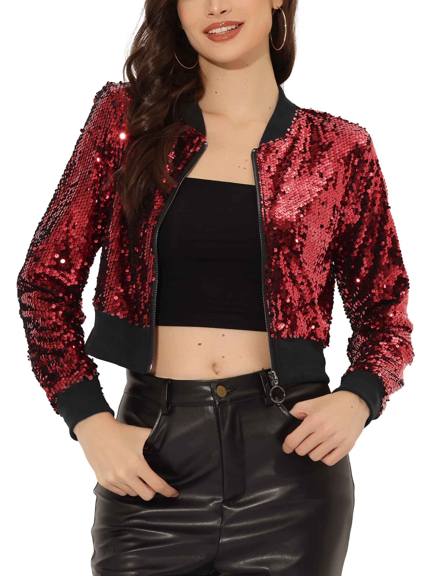 INSPIRE CHIC Blouson Bomber Court à Paillettes Scintillantes à Fermeture Éclair pour Femme Rouge-A TP