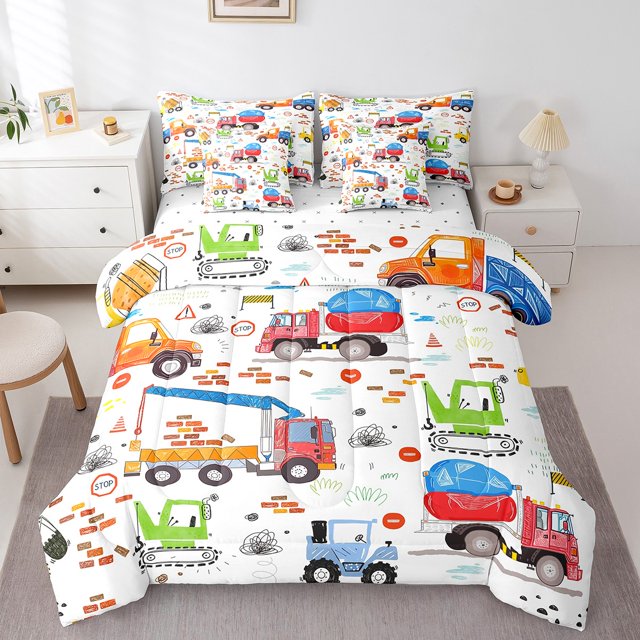 YST Excavator Kids Bedding Set, Cartoon Construction Theme, Polyester Comforter & Duvet Type, Twin Size (7 Count)