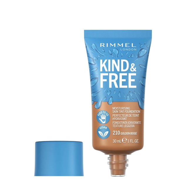 Rimmel KIND & FREE Moisturising Skin Tint Foundation in 210 Golden Beige, 30 ml tube with blue cap removed, displaying vegan and kind-to-skin icons, designed for lightweight hydration and a dewy finish.