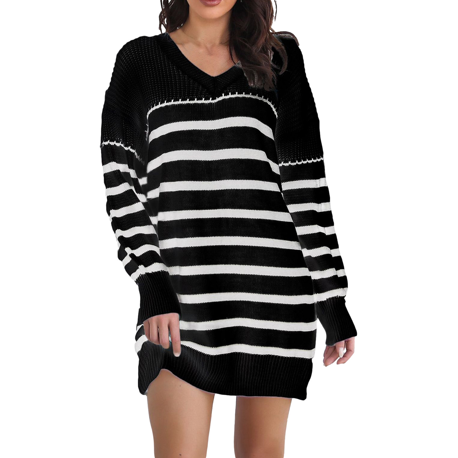 FcBaudy Robe à Manches Longues à Col en V, Robes d'Été pour Femmes, Robes pour Femmes Robe en Tricot pour Femme Ample et Confortable Robe Chandail à Rayures à Col en V pour Femme Robe pour Femme
