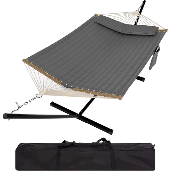 2 Person Hammock with Space Saving Steel Stand, Carry Bag, 450lbs Weight Capacity, Indoor Outdoor for Garden Camping & Beach, Grey