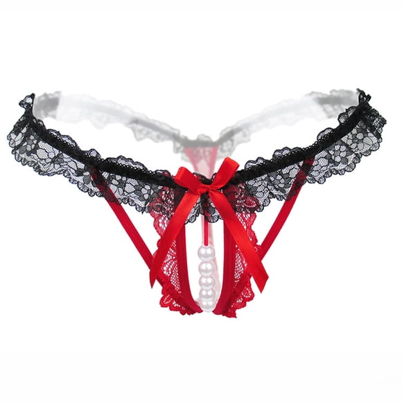 Sexy Women Low Waist Bowknot Beads Panties Lace Hollow G String Thongs Underwear