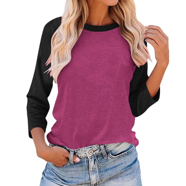Plebaso Chemises à Manches 3/4 pour Femmes Col Rond Tops à Blocs de Couleur Décontractés Amples Blouses pour Femmes