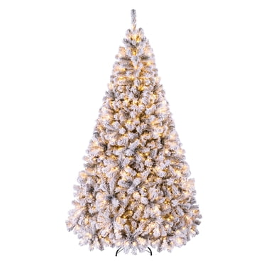 Costway Arbre de Noël en Cèdre Floqué de 7,5 Pi Pré-Illuminé à Charnières Blanc