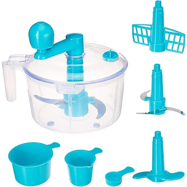 Onprix Automatic Atta Roti Maker for Home 3 in 1 Atta Non-Electric Dough Machine in a multicolour design. The set includes a transparent ABS plastic bowl with a lid, a handle for easy operation, and multiple attachments such as a blade, mixer handle, and measuring cups for flour, water, and oil. Made from unbreakable, BPA-free, food-grade plastic, it is dishwasher safe and features a heat-resistant comfort grip handle.