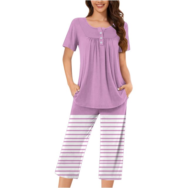 Timegard Ensembles de Pyjamas pour Femmes 2 Pcs Détente Col Rond Manches Courtes Haut Pantalon Capri à Rayures avec Poches Tenues