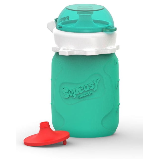 Squeasy Gear - Snacker Baby Reusable Food Pouch with No Spill Insert in teal with white collar and translucent teal cap, featuring a removable red no-spill insert beside it, designed for easy filling, spill prevention, and safe baby food storage on the go.