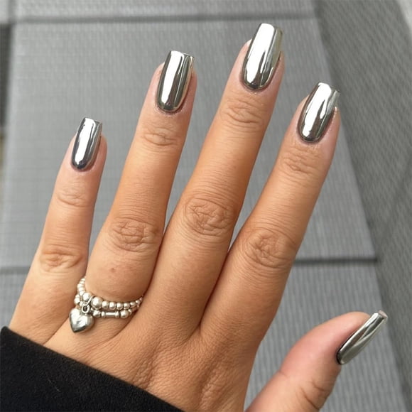 Chrome Press on Nails Medium Square Fake Nails Silver Metallic False Nails with Designs Holographic Cute Glue on Nails Glossy Full Cover Acrylic Artificial Stick on Nail for Women Nail Manicure