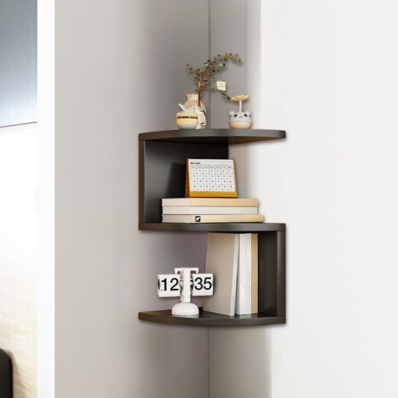 Corner Shelf No Punch Wall Organizer, Heavy Duty Wood Corner Bookshelf 5-Tier Storage, Modern Multi Compartment Cabinet for Bedroom Living Room Kitchen, Black