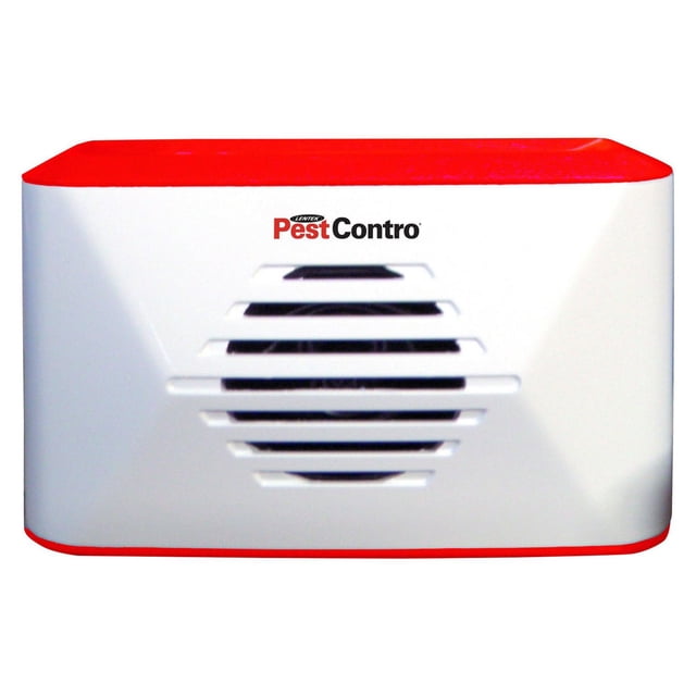 PestContro Portable Ultrasonic Rodent Repeller with a white rectangular body and red top and base, featuring a front black speaker grille with horizontal vents and the PestContro logo above, designed for safe, cordless indoor and outdoor rodent control using ultrasonic technology.