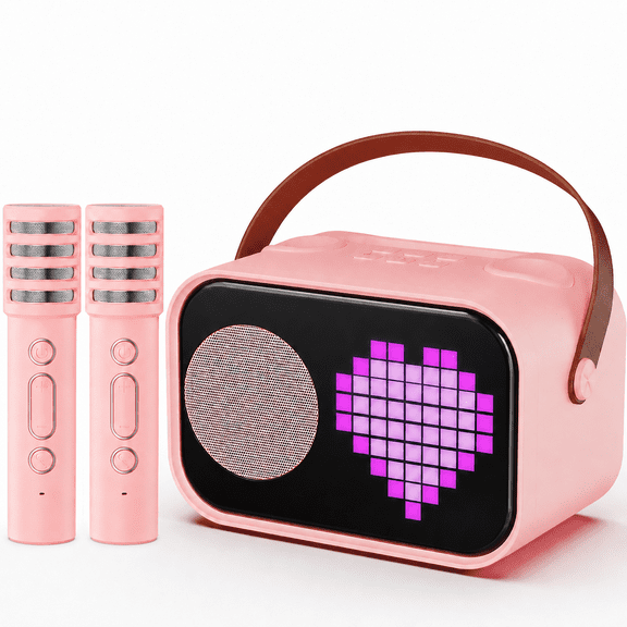 JYX Machine de Karaoké, Système de Karaoké pour la Maison avec 15 Modes d'Affichage Animés, Mini Haut-Parleur Portable avec 2 Microphones, Rose