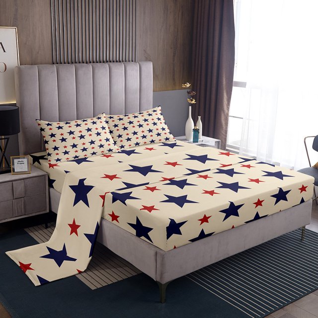 YST Cartoon Stars Sheet Set Queen Size 4Pcs,Red Blue Stars Fitted Sheet For Adult Teens,Colorful Galaxy Stars Bed Sheets,Starry Sky Pattern Flat Sheet Lightweight,Comfy Breathable 4Pcs