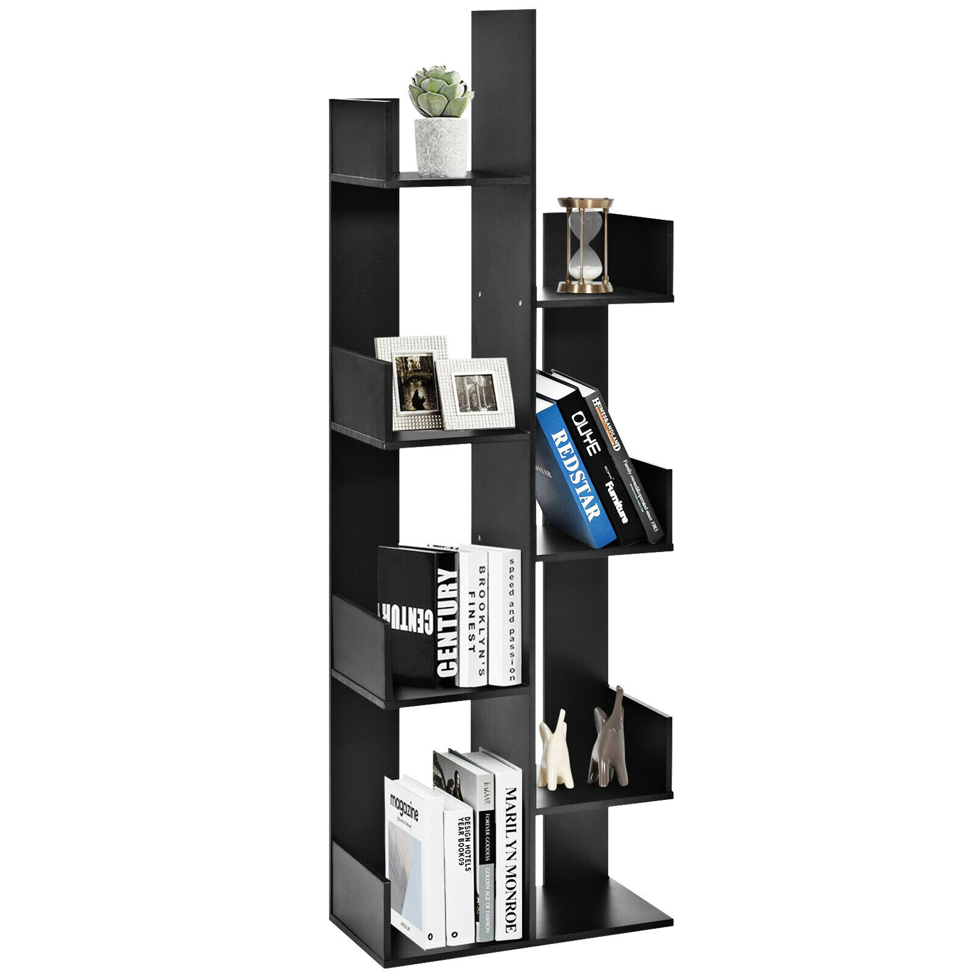 Gymax Bibliothèque à 8 Niveaux avec 8 Compartiments Ouverts, Étagère de Rangement Gain de Place, Noir
