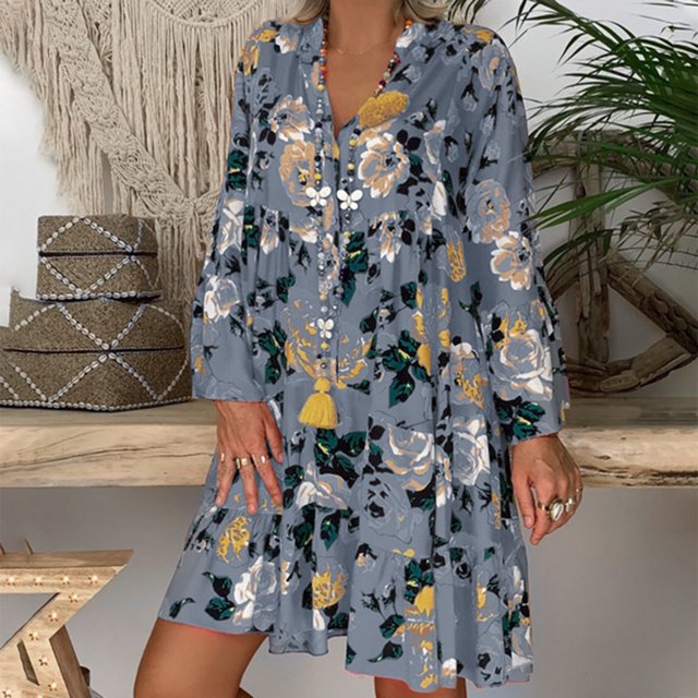 Plus Size Dresses Ladies Plus Size Loose Print Long Sleeve V Button Mini Summer Dress Grey M