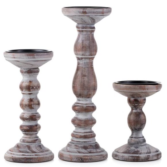 Nuptio Farmhouse Wooden Pillar Candle Holders Set of 3, 6"+8"+12"