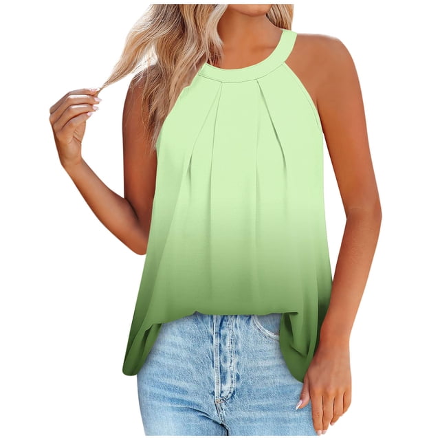 Timegard Womens Tank Tops Gradient Color Crew Neck Back Button Ruched Casual Sleeveless Tops Blouses