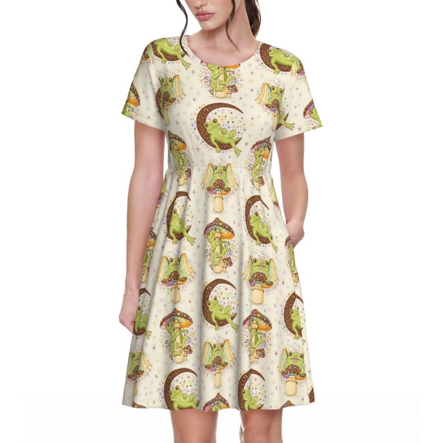 Bixox Robe d'Été à Manches Courtes pour Femme, Coupe Ample Évasée, Longueur Genou, avec Poches - Grenouilles