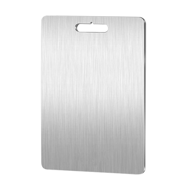 LEUTSIN titanium cutting board in a silvery finish, measuring 18.4 x 12 inches. Made of 1.2mm thick titanium, this stainless steel food-grade cutting board is durable, scratch-resistant, and dishwasher safe. It features a built-in hanging hole for easy storage and is suitable for cutting meat, fruits, and vegetables. The non-porous surface ensures hygiene and easy cleaning.