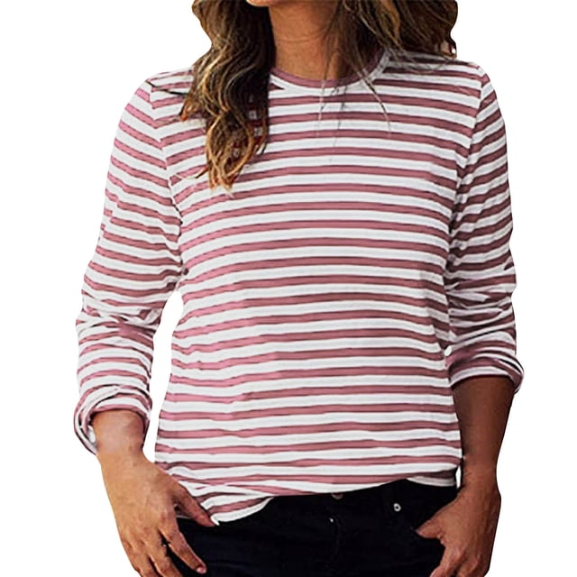 Uootdi Chandails à Manches Longues pour Femmes Col Ras du Cou Détail à Rayures Coupe Décontractée Quotidien Décontracté Bureau Trajet Hauts Cadeau