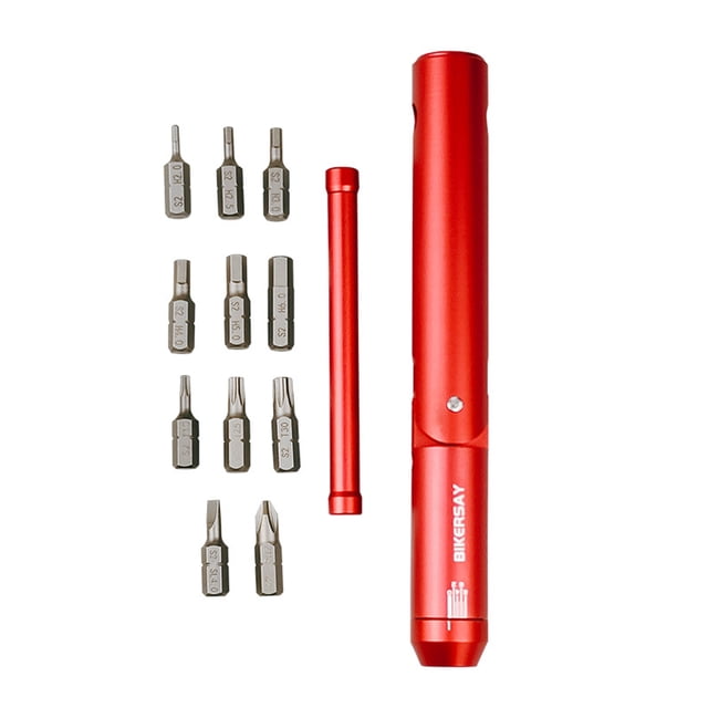 Clé de Couple de Vélo Clé de Couple de Cyclisme Portable Outil de Vélo Multifonctionnel Kits d'Outils VTT Route en Alliage d'Aluminium Rouge. Comprend un Bâton horizontal, Plusieurs Touches Hexagonales (2mm, 2.5mm, 3mm, 4mm, 5mm, 6mm), Embouts Torx (T10, T25, T30), un Embout Droit (SL4), et un Embout Croisé (PH2). Présente un Corps Creux pour Ranger 4-5 Embouts, une Échelle de Couple Claire de 2-8Nm, et une construction durable pour le Cyclisme Extérieur. Compact et Léger à 194g.
