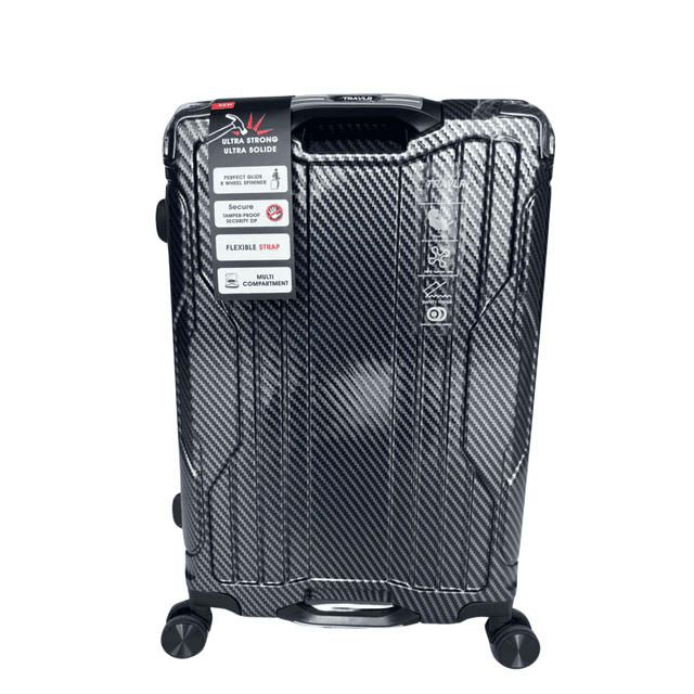 TRAVLR Valise Rigide Moyenne (25 Pouces) à Imprimé Texturé en Bleu avec une Conception Anti-Rayures et Extensible. Dotée d'Une Coque durable en PP+PC avec une texture Résistante aux Rayures, Huit Roues Pivotantes Silencieuses à 360°, et un Cadenas Approuvé TSA. la Poignée Télescopique Ergonomique et l'Aménagement Intérieur Intelligent avec Compartiments Assurent une Organisation Facile. Présentée dans une Vue Orientée vers l'Avant avec une Finition Texturée Semblable à la Fibre de Carbone et des Étiquettes de Produit Attachées Mettant en Valeur Sa Construction Ultra-Résistante et Sa