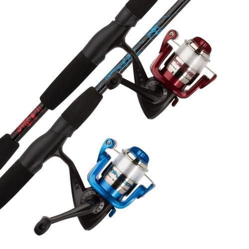 Shakespeare Navigator Light Action 2pc Spinning Combo with two tubular glass rods featuring EVA split grips and paired spinning reels with smooth multi-disc drag systems pre-spooled with 6 lb line in red and blue, suitable for versatile freshwater fishing.