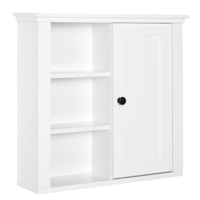 HOMCOM Bathroom Wall Cabinet with 3 Open Shelves and a storage cupboard, featuring a white MDF and particleboard construction. This wall-mounted cabinet includes adjustable shelving behind a single door and three open shelves for organizing toiletries, medicine, or decor. Space-saving design measures 20.9 inches long, 5.7 inches wide, and 19.9 inches high, ideal for bathrooms, kitchens, or garages.