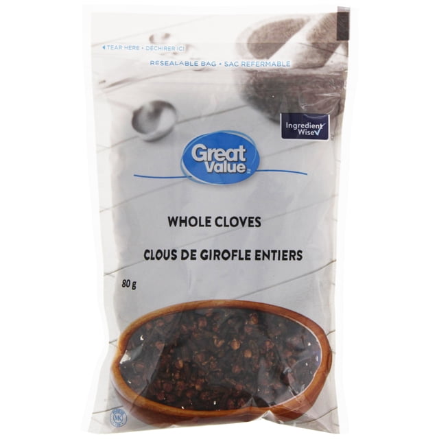 Great Value Whole Cloves in an 80 g resealable bag with Ingredient Wise symbol, showing dark brown whole cloves through a clear window, ideal for seasoning meats, desserts, and drinks.