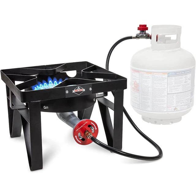 Hike Crew HCSTVSB220 Poêle portable à un Seul Brûleur en Fonte avec une Puissance de 220 000 BTU. le Cadre en Fonte Noir Présente une Conception Robuste à Quatre Pieds et un Brûleur Spacieux avec une Flamme Bleue. Comprend un Régulateur PSI, un Tuyau de propane et Est Montré Connecté à un Réservoir de propane standard de 20 lb. Idéal pour la Cuisson en Plein Air, le camping et les Tailgates.