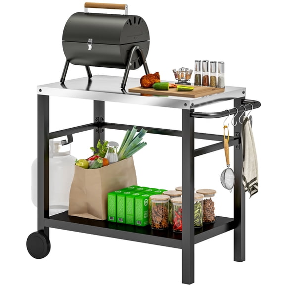 Outsunny Outdoor Grill Dining Cart, 2-Shelf BBQ Movable Pizza Oven Stand