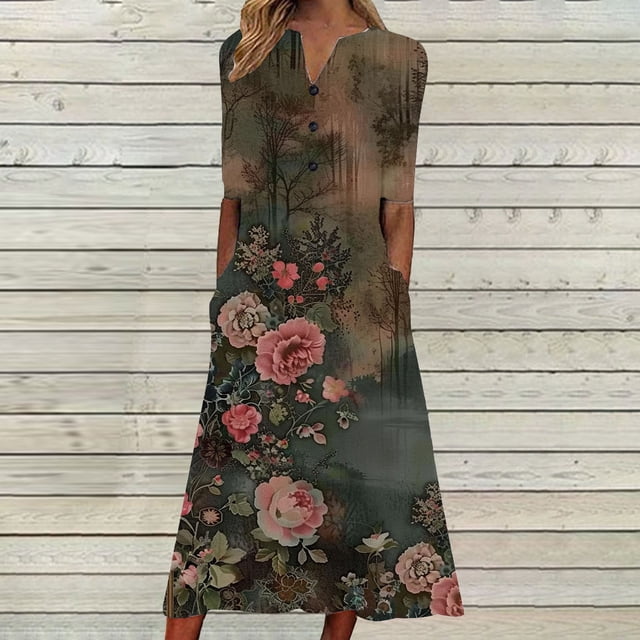 Ovzne Robes pour Femmes 2025 Robe Femme Couleur Unie Ample Décontractée Mode Imprimée Manches Courtes Col en V Mi-Mollet Robe Manches Courtes Col en V Robe de Vacances Manches Courtes