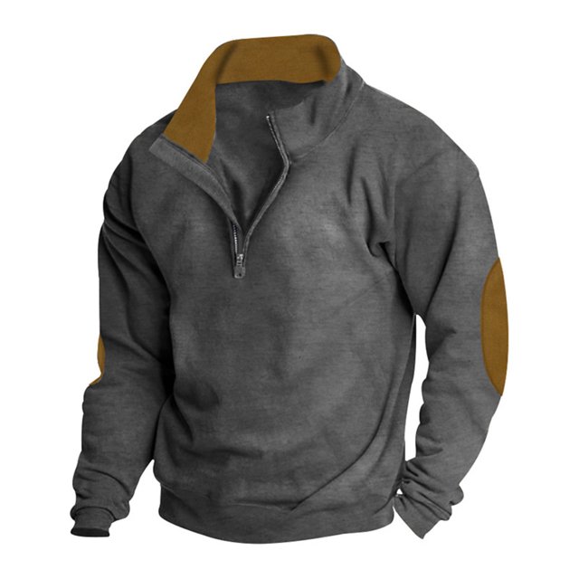 Yuyuzo Chandails à Capuchon pour Hommes Chandail à Glissière 1/4 Doublé Col Montant Patchwork Automne Chaud Manteau Chandail