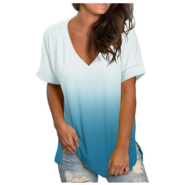 Cadeaux Uniques pour Femmes Mode Décontractée Dégradé Col en V Manches Courtes T-Shirt Ample