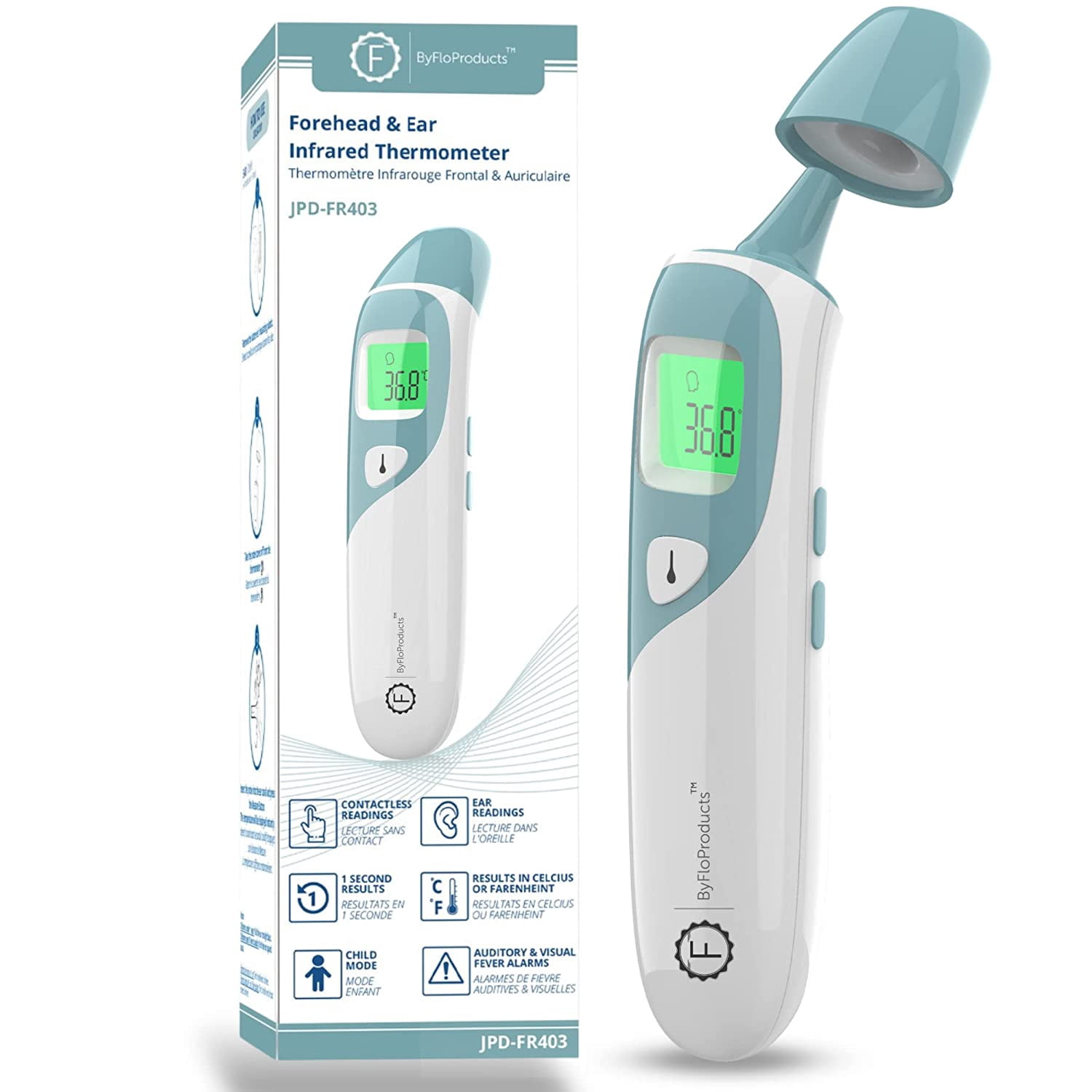 ByFloProducts, Ear and Forehead Infrared Thermometer, For Adults and Babies, Quick & Accurate Readings, Fever Alarm - Model: JPD-FR403