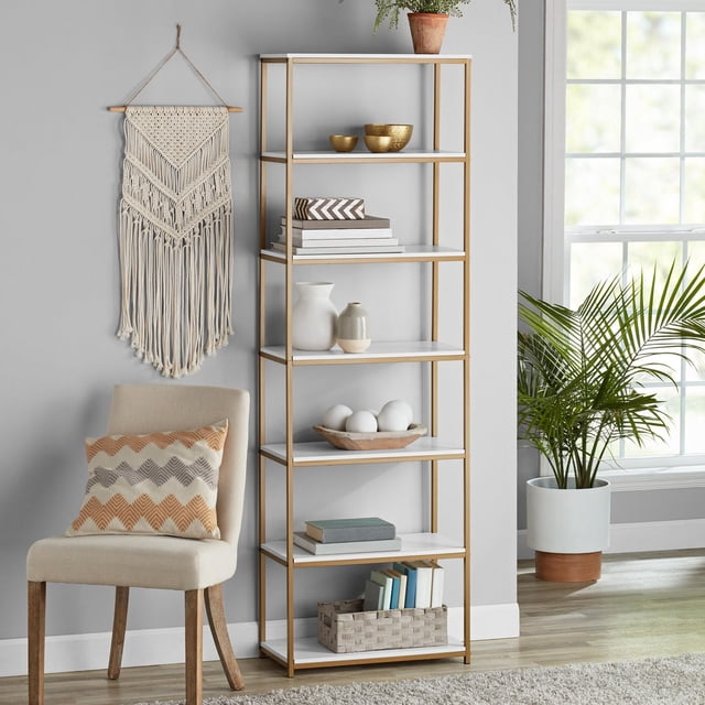 Mainstays 6-Shelf Metal Frame Bookcase, White/Gold