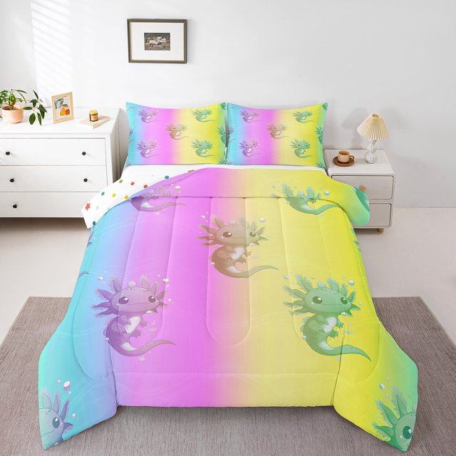 Erosebridal Colorful Axolotl Bedding Todder Comforter Set, Kawaii Rainbow Down Comforter, Wildlife Home Decor, Reversible 2 Pieces