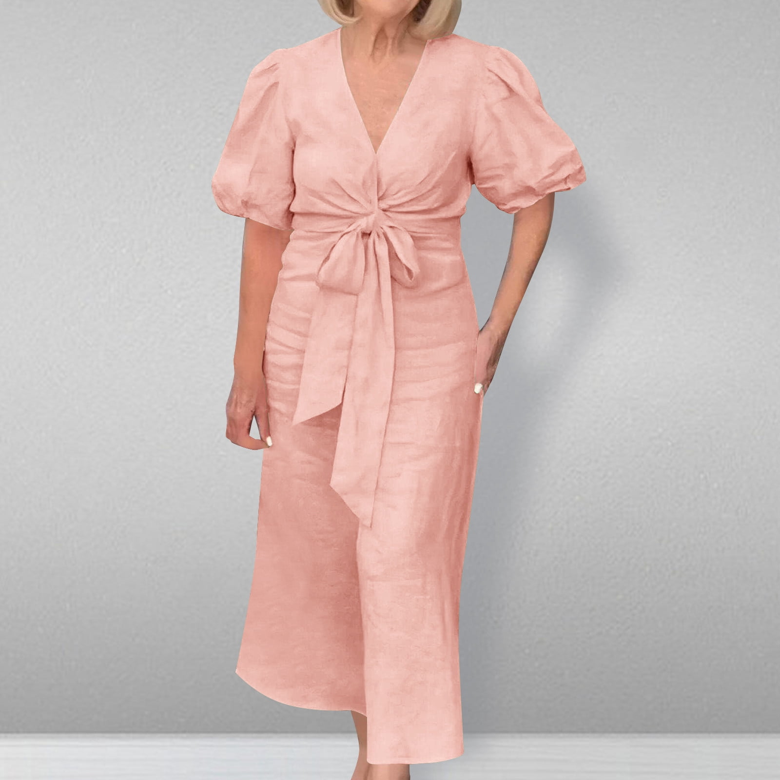LOVZFMLL Women's Summer Solid Color Short Sleeve -Neck Dress Pink 3XL