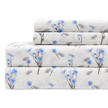 EnvioHome Draps 100 % Coton, Ensemble 3 Pcs - Draps en Percale de Coton Frais et Soyeux pour Lit Simple TG - Motif Floral Bleu