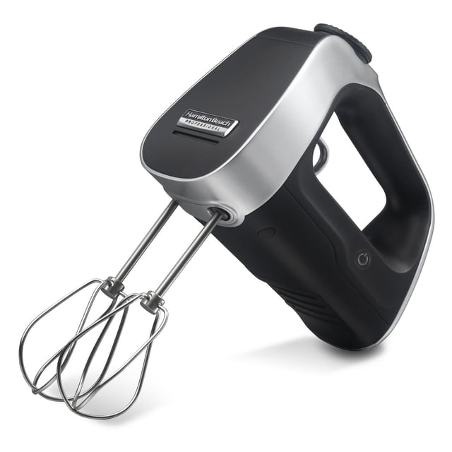 Cordless Hamilton Beach Professional hand mixer in black and silver with dual stainless steel beaters.