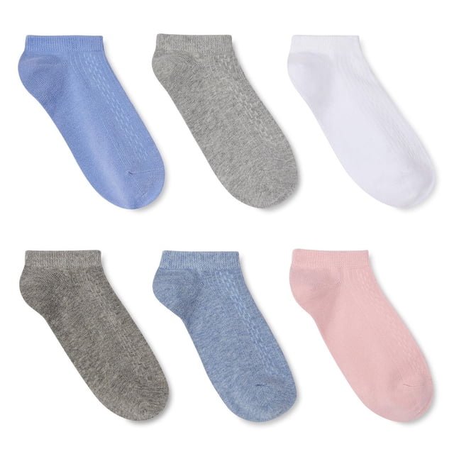 George Women's Low-Cut Socks 6-Pack featuring six pairs of ribbed cuff socks in assorted colours including light blue, grey, white, dark grey, denim blue, and pink, made from a breathable cotton blend, suitable for everyday casual wear and often used as comfortable liners inside shoes.