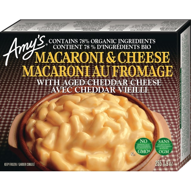 Amy's Kitchen Macaroni & Cheese frozen meal box showing creamy elbow macaroni in aged cheddar cheese sauce, made with 78% organic ingredients and non-GMO, weighing 255g (9 oz), with bilingual English and French text on a checkered background.