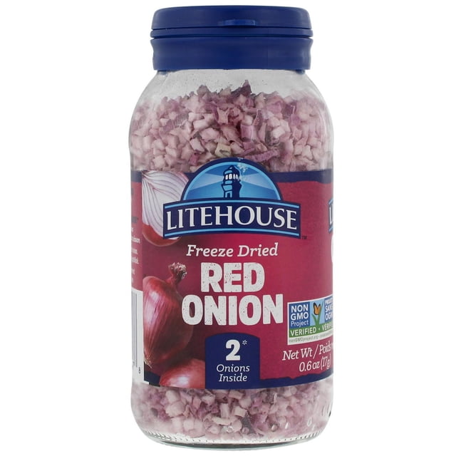 Litehouse Freeze-Dried Red Onion in a clear glass jar with a blue lid, containing finely chopped freeze-dried red onion pieces equivalent to 2 onions. The label highlights non-GMO verification, gluten-free and keto-friendly qualities, suitable for seasoning soups, salads, and meat dishes.