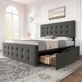 thumbnail image 1 of Bed Frame with 4 Storage Drawers and Adjustable Headboard, Upholstered Mattress Foundation with Skin-Frienly Linen, No Box Spring Needed, Dark Grey (Full), 1 of 9