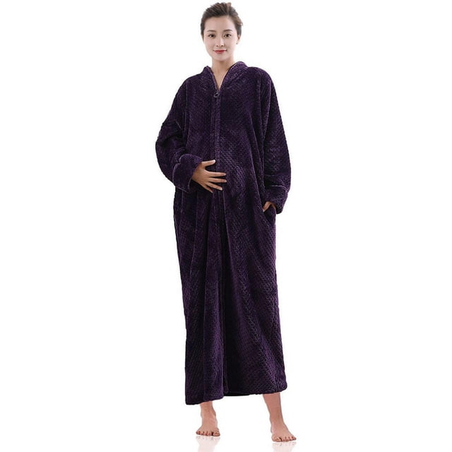 Women's Flannel Robe Zipper Front Long Plush Full Length Bathrobe with Pockets M-XL