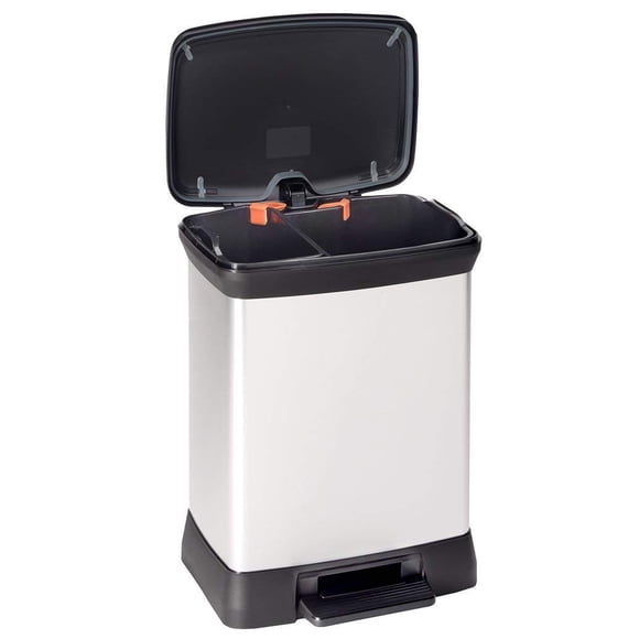 Curver Metal Effect 70% Recycled Kitchen Accessories 30L Duo Recycling Pedal Touch Deco Bin, Silver