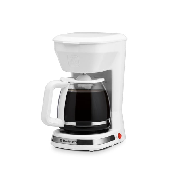 Toastmaster 12 Cup Coffee Maker with white plastic body and glass carafe filled with brewed coffee, featuring a 1.8L water reservoir, removable brew basket, on/off switch with red indicator light, and cord storage, suitable for brewing multiple cups of drip coffee.