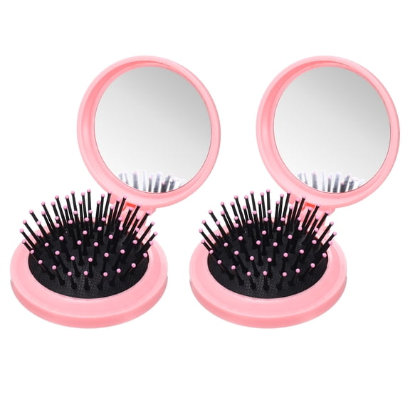 Uxcell 2 Pcs Mini Brosse à Cheveux Compacte de Voyage, Brosse à Cheveux Ronde Pliable Brosse à Cheveux de Poche avec Miroir, Peigne de Massage Compact pour Sac à Main, Femmes Filles Voyage Usage Quotidien, Orange Rose
