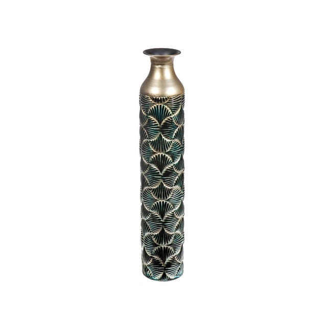 Metal Vase (24") (Torrent) with a 24-inch tall embossed metal body in teal featuring traditional fan-shaped patterns and a smooth gold-toned neck with flared rim, ideal for home décor or displaying dried or silk flowers.
