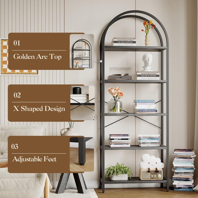 GloryStar 71-Inch Five-Tier Arched Display Rack, Industrial Metal Bookshelf with Adjustable Feet, Large Storage Shelf for Living Room or Office